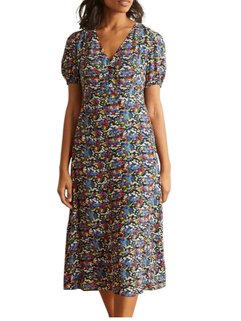Boden Tessa Midi Dress US 14L UK 18L Floral V-Neck Short Sleeve Viscose Navy